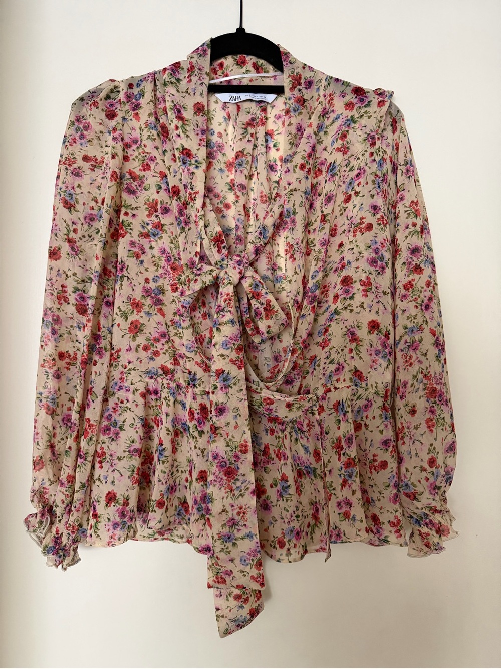 Zara Cream Floral Tie-Neck Blouse